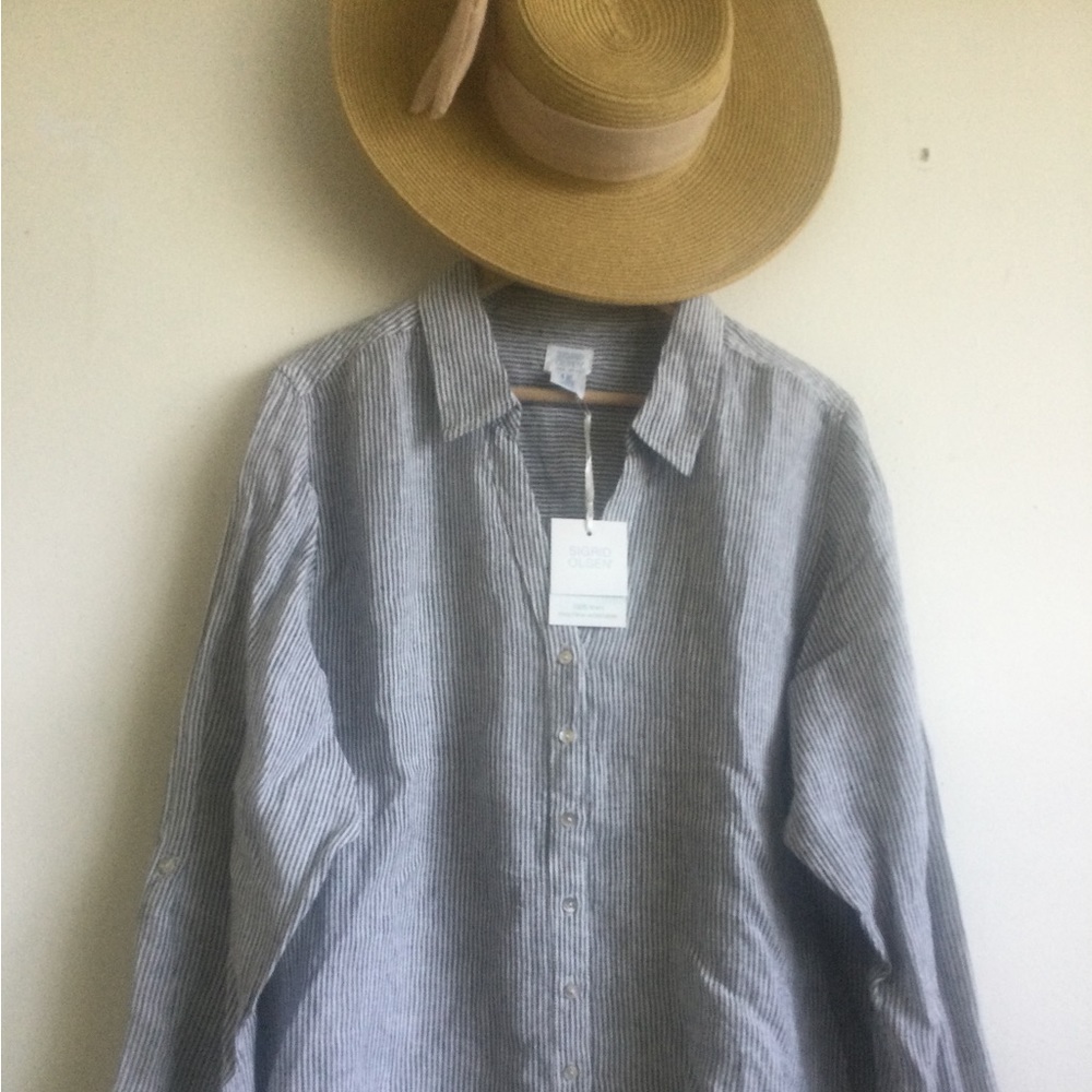 SIGRID OLSEN 100% LINEN MOTHER OF PEARL BUTTONS ROLL TAB SLEEVE SHIRT SIZ 2X NWT